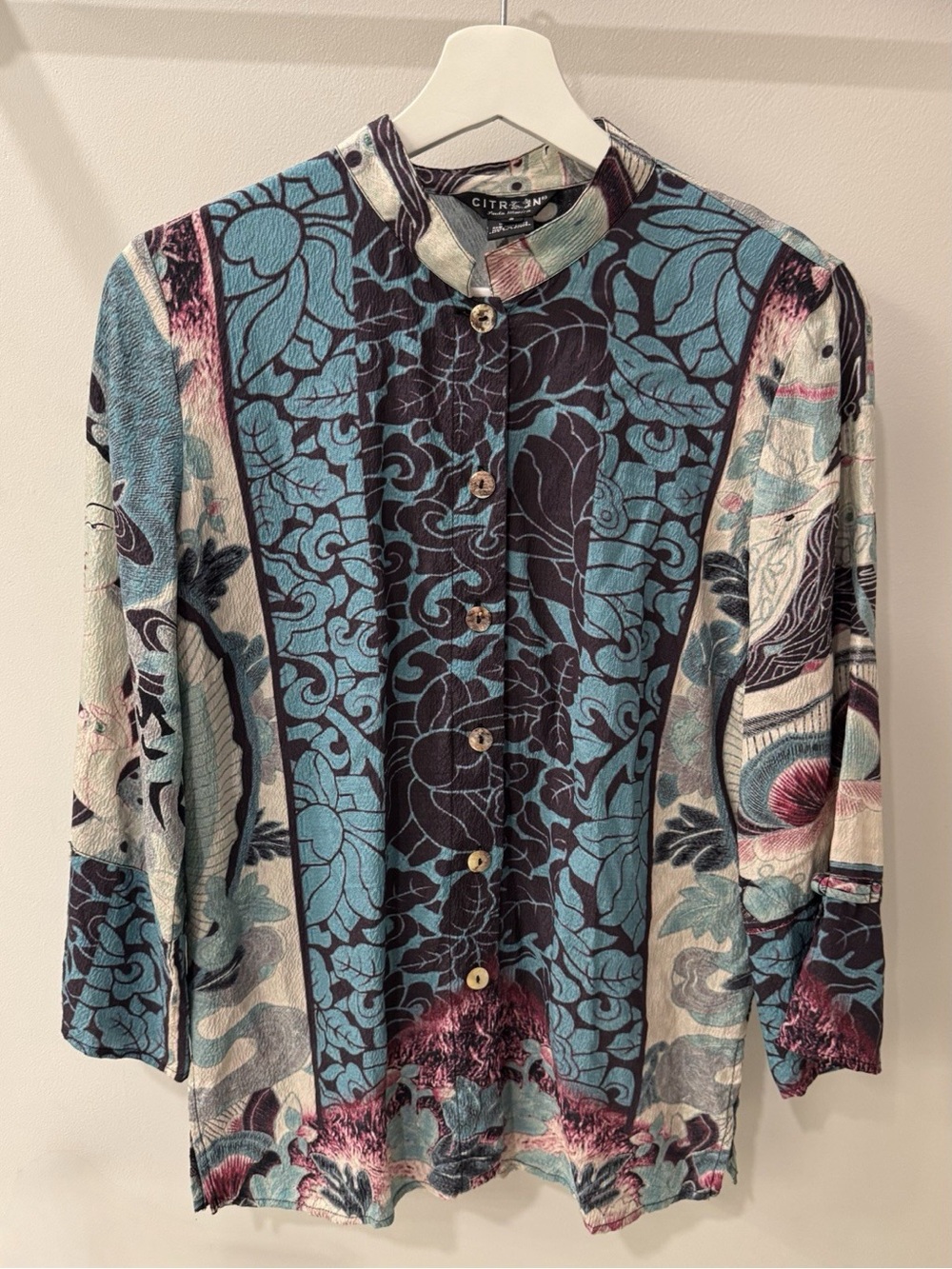 Citron Santa Monica Vintage Blue/Multicolor Asian Inspired Silk Blouse
